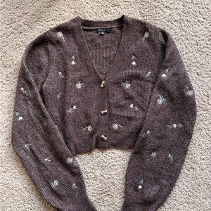 Love Tree Floral Embroidered Cardigan in Dark Brown Cropped